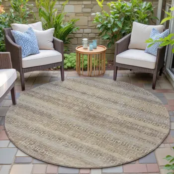 8' Beige And Wheat Round Striped Washable Indoor Outdoor Area Rug