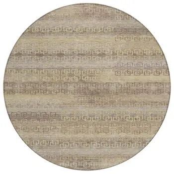 8' Beige And Wheat Round Striped Washable Indoor Outdoor Area Rug