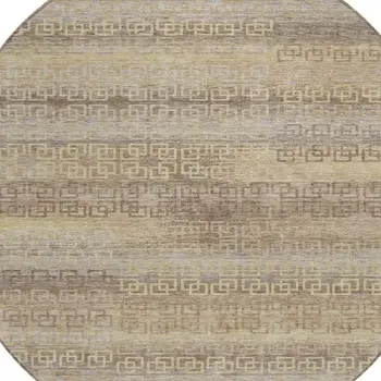 8' Beige And Wheat Round Striped Washable Indoor Outdoor Area Rug