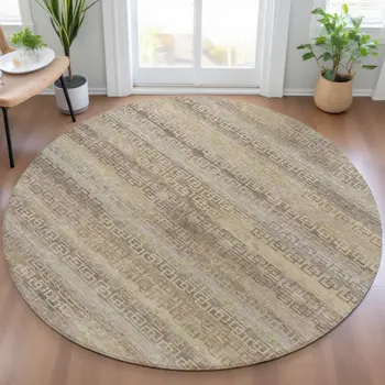 8' Beige And Wheat Round Striped Washable Indoor Outdoor Area Rug
