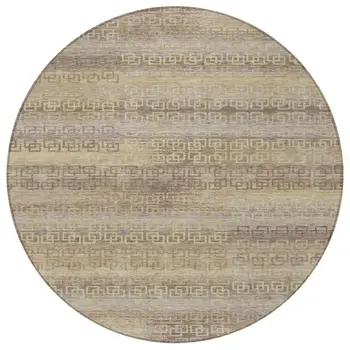 8' Beige And Wheat Round Striped Washable Indoor Outdoor Area Rug