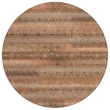 8' Copper And Peach Round Striped Washable Indoor Outdoor Area Rug