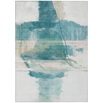10' X 14' Teal Blue And Ivory Abstract Washable Indoor Outdoor Area Rug