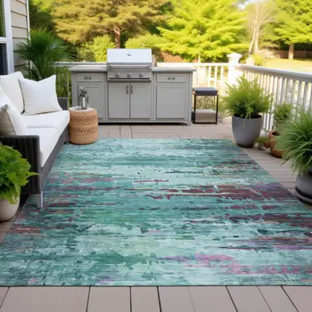 3' X 5' Teal Blue Pale Aqua And Plum Abstract Washable Indoor Outdoor Area Rug