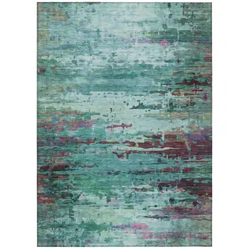 3' X 5' Teal Blue Pale Aqua And Plum Abstract Washable Indoor Outdoor Area Rug