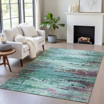 3' X 5' Teal Blue Pale Aqua And Plum Abstract Washable Indoor Outdoor Area Rug