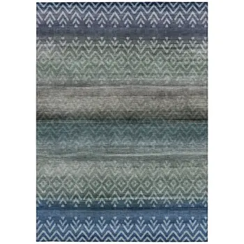 9' X 12' Blue And Gray Geometric Washable Indoor Outdoor Area Rug