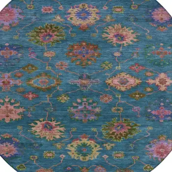 8' Teal Blue And Gold Round Floral Washable Indoor Outdoor Area Rug