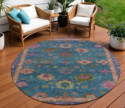 8' Teal Blue And Gold Round Floral Washable Indoor Outdoor Area Rug