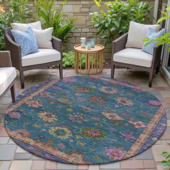8' Teal Blue And Gold Round Floral Washable Indoor Outdoor Area Rug