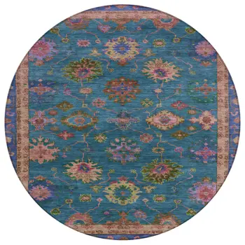 8' Teal Blue And Gold Round Floral Washable Indoor Outdoor Area Rug