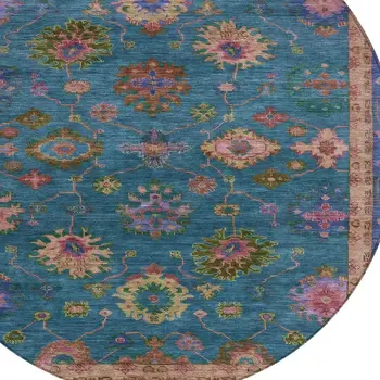 8' Teal Blue And Gold Round Floral Washable Indoor Outdoor Area Rug