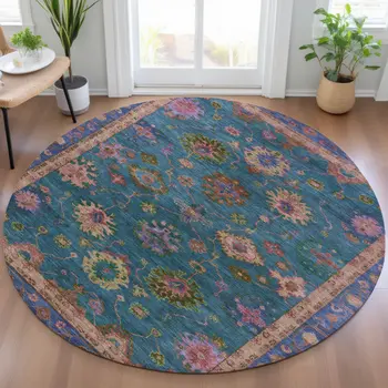 8' Teal Blue And Gold Round Floral Washable Indoor Outdoor Area Rug