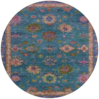 8' Teal Blue And Gold Round Floral Washable Indoor Outdoor Area Rug
