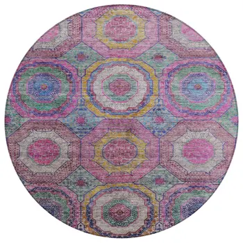 8' Pink Blue And Gold Round Geometric Washable Indoor Outdoor Area Rug