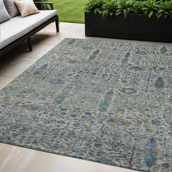 5' X 8' Brown And Teal Blue Floral Washable Indoor Outdoor Area Rug