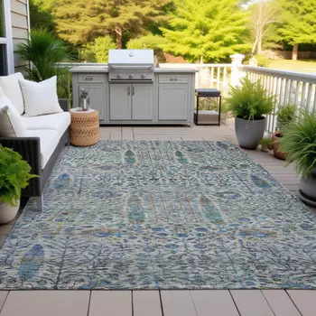 5' X 8' Brown And Teal Blue Floral Washable Indoor Outdoor Area Rug