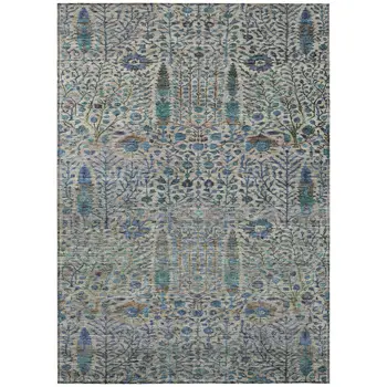 5' X 8' Brown And Teal Blue Floral Washable Indoor Outdoor Area Rug