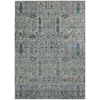 5' X 8' Brown And Teal Blue Floral Washable Indoor Outdoor Area Rug