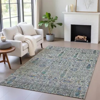 5' X 8' Brown And Teal Blue Floral Washable Indoor Outdoor Area Rug