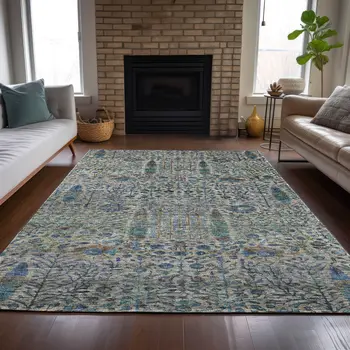 5' X 8' Brown And Teal Blue Floral Washable Indoor Outdoor Area Rug