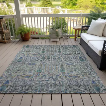 5' X 8' Brown And Teal Blue Floral Washable Indoor Outdoor Area Rug