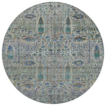 8' Brown And Teal Blue Round Floral Washable Indoor Outdoor Area Rug