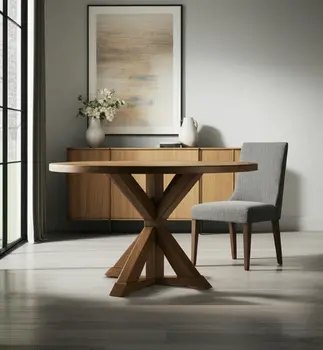 48" Oak Wood Cross Leg Base Round Top Dining Table