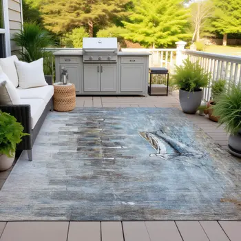 3' X 5' Blue And Beige Nautical Washable Indoor Outdoor Area Rug
