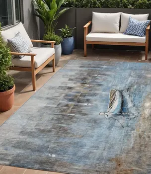 5' X 8' Blue And Beige Nautical Washable Indoor Outdoor Area Rug