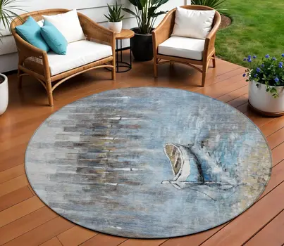 8' Blue And Beige Round Nautical Washable Indoor Outdoor Area Rug