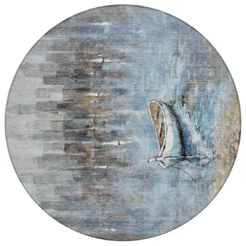 8' Blue And Beige Round Nautical Washable Indoor Outdoor Area Rug