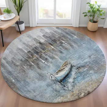 8' Blue And Beige Round Nautical Washable Indoor Outdoor Area Rug