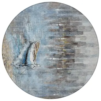 8' Blue And Beige Round Nautical Washable Indoor Outdoor Area Rug