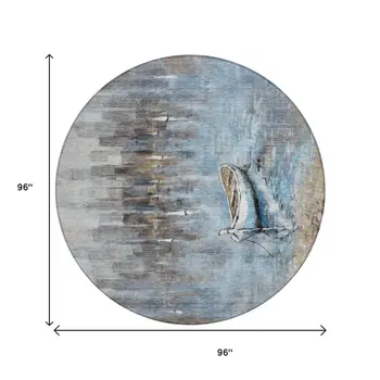 8' Blue And Beige Round Nautical Washable Indoor Outdoor Area Rug