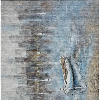10' X 14' Blue And Beige Nautical Washable Indoor Outdoor Area Rug