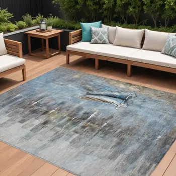 10' X 14' Blue And Beige Nautical Washable Indoor Outdoor Area Rug