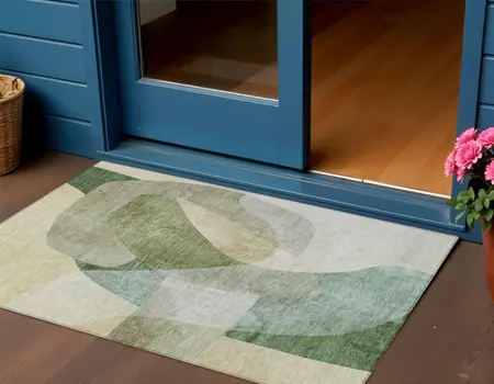 3' X 5' Artichoke Green And Taupe Abstract Washable Indoor Outdoor Area Rug
