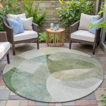 8' Artichoke Green And Taupe Round Abstract Washable Indoor Outdoor Area Rug