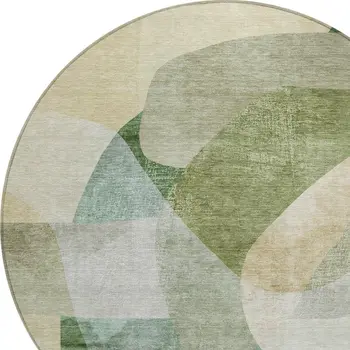8' Artichoke Green And Taupe Round Abstract Washable Indoor Outdoor Area Rug