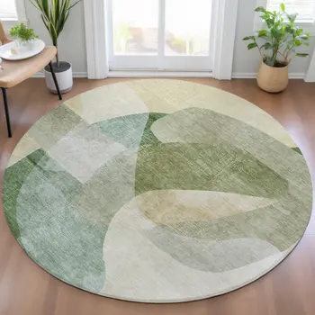 8' Artichoke Green And Taupe Round Abstract Washable Indoor Outdoor Area Rug