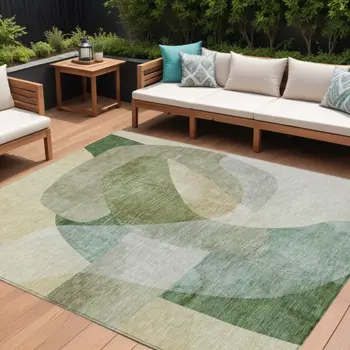 8' X 10' Artichoke Green And Taupe Abstract Washable Indoor Outdoor Area Rug