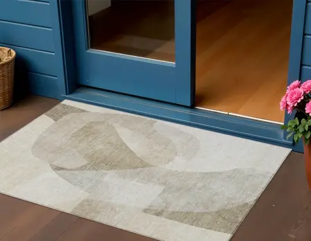 3' X 5' Beige And Taupe Abstract Washable Indoor Outdoor Area Rug