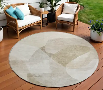 8' Beige And Taupe Round Abstract Washable Indoor Outdoor Area Rug