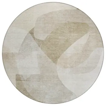 8' Beige And Taupe Round Abstract Washable Indoor Outdoor Area Rug