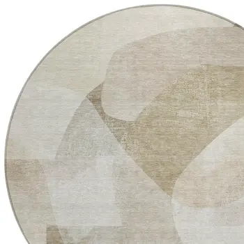8' Beige And Taupe Round Abstract Washable Indoor Outdoor Area Rug