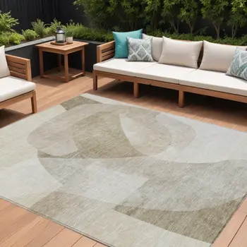8' X 10' Beige And Taupe Abstract Washable Indoor Outdoor Area Rug