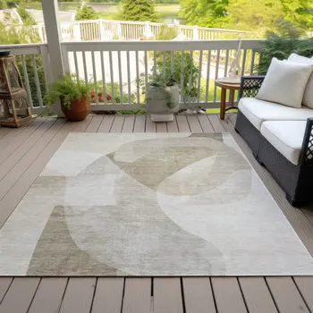 8' X 10' Beige And Taupe Abstract Washable Indoor Outdoor Area Rug
