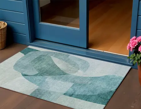 3' X 5' Teal Blue And Ivory Abstract Washable Indoor Outdoor Area Rug