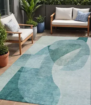 5' X 8' Teal Blue And Ivory Abstract Washable Indoor Outdoor Area Rug